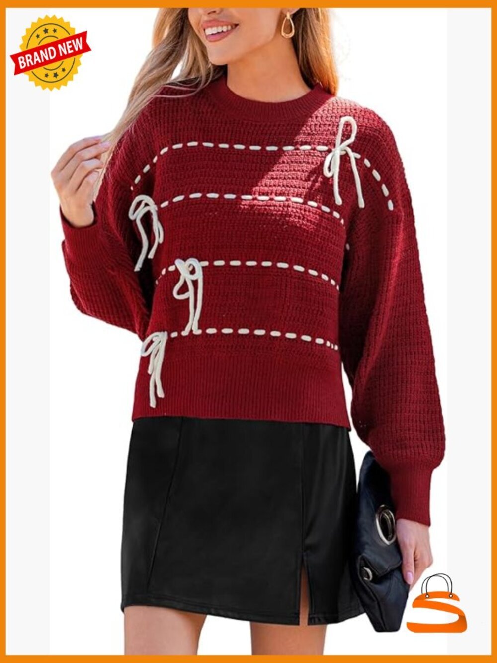 Women's Chunky Knit Crew Neck Pullover Bow Tie Detail Loose Fit